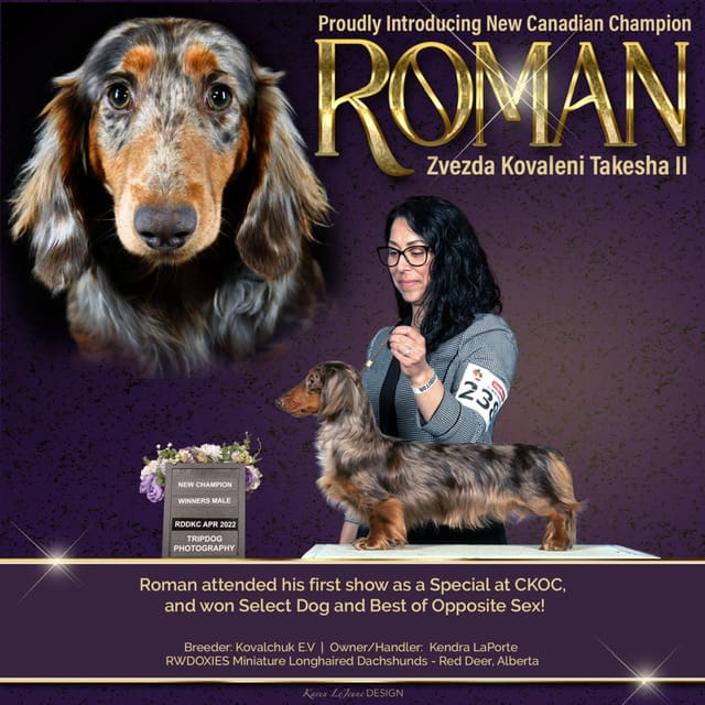 A woman and her dog are standing in front of the roman logo.
