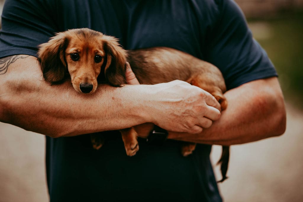 A man holding a dog in his arms.
